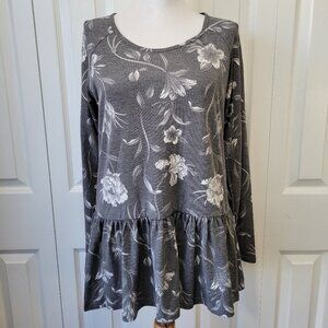 STREETWEAR SOCIETY Gray White Floral Long Sleeve Peplum Ruffle Top sz L NWT